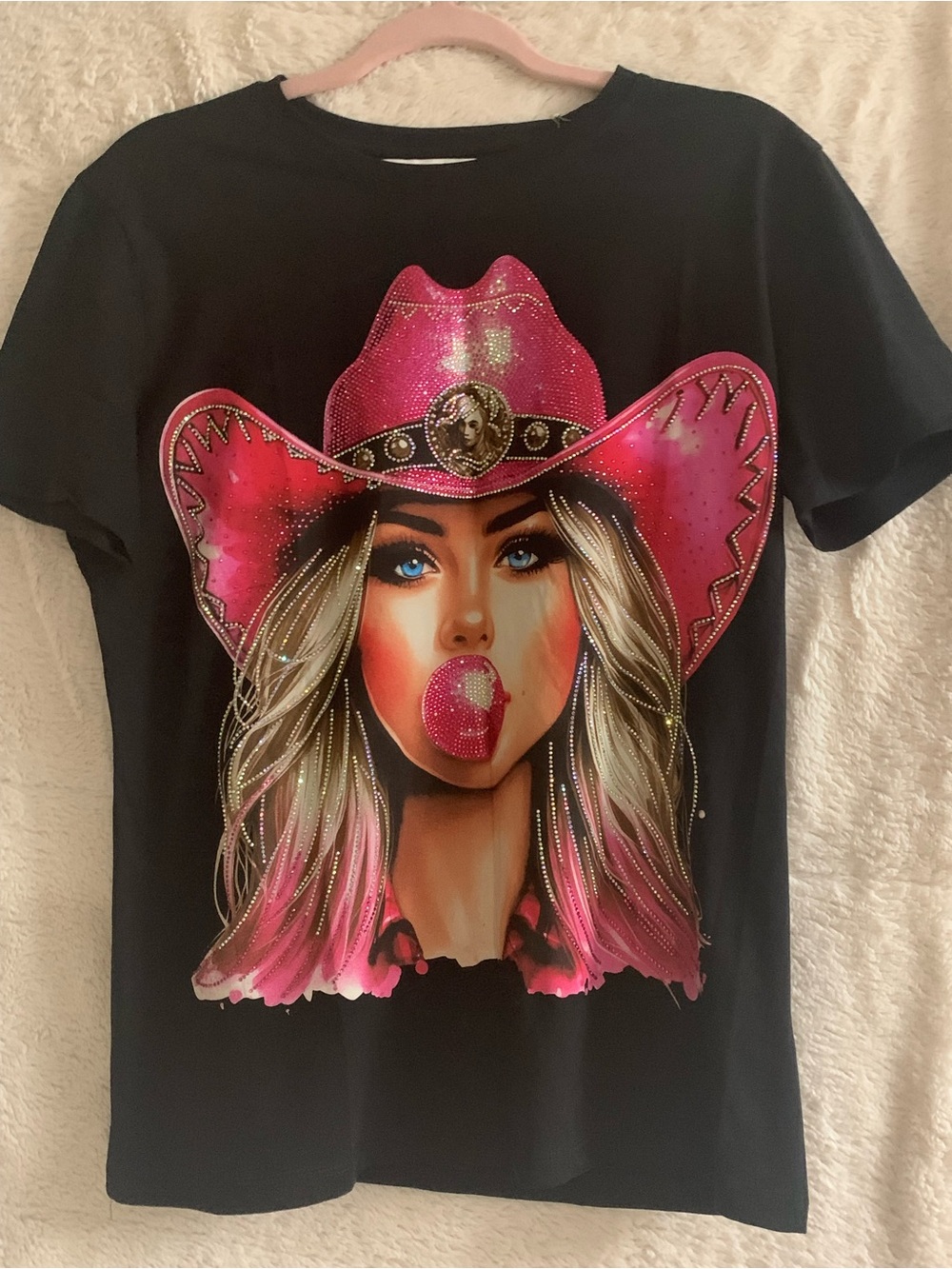 Women’s Black Graphic Tee with Pink Cowgirl Art